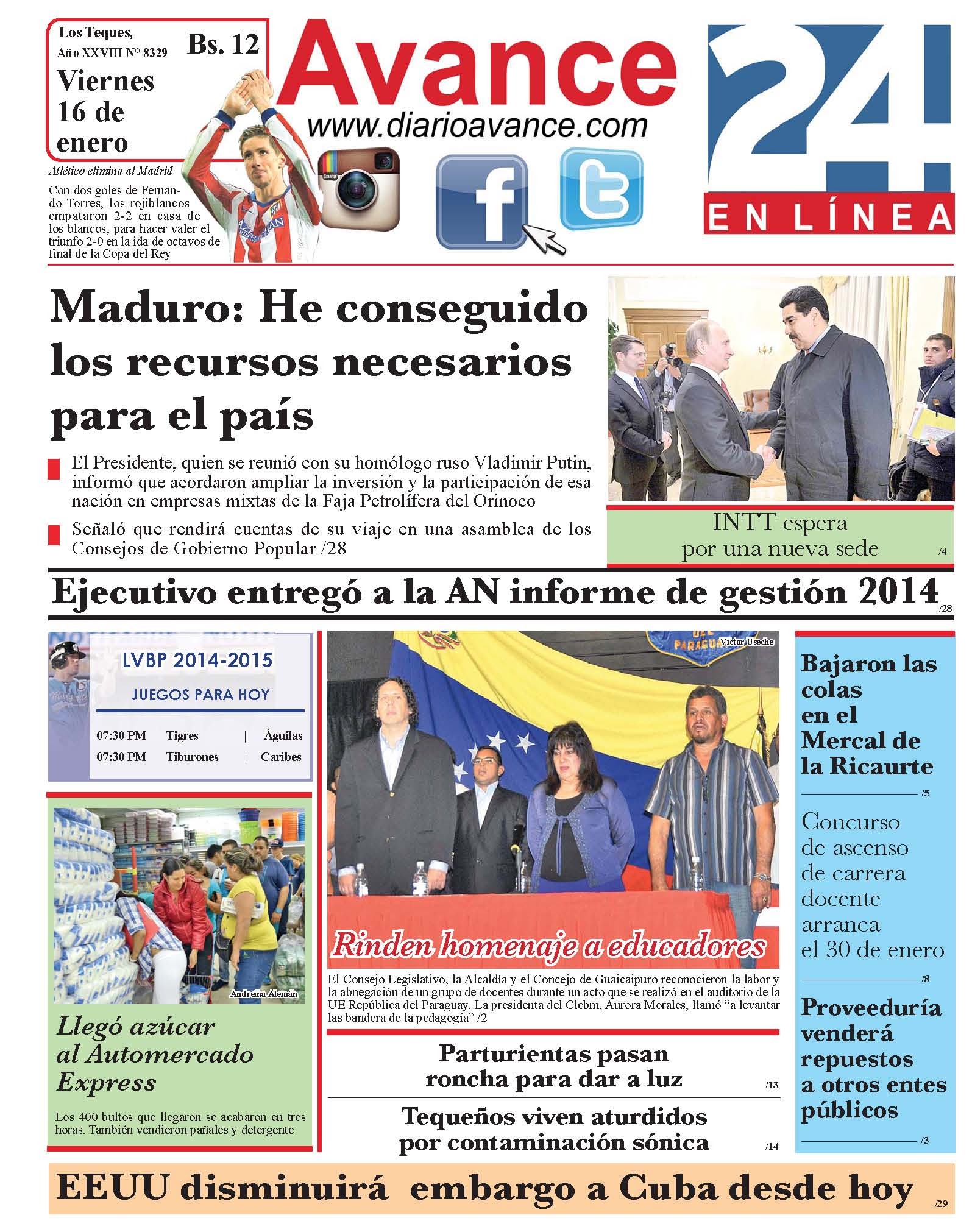 Portada viernes 16 de enero de 2015