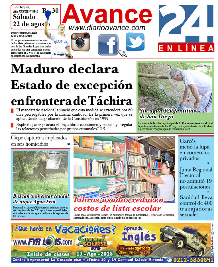 Portada sábado 22 de agosto de 2015