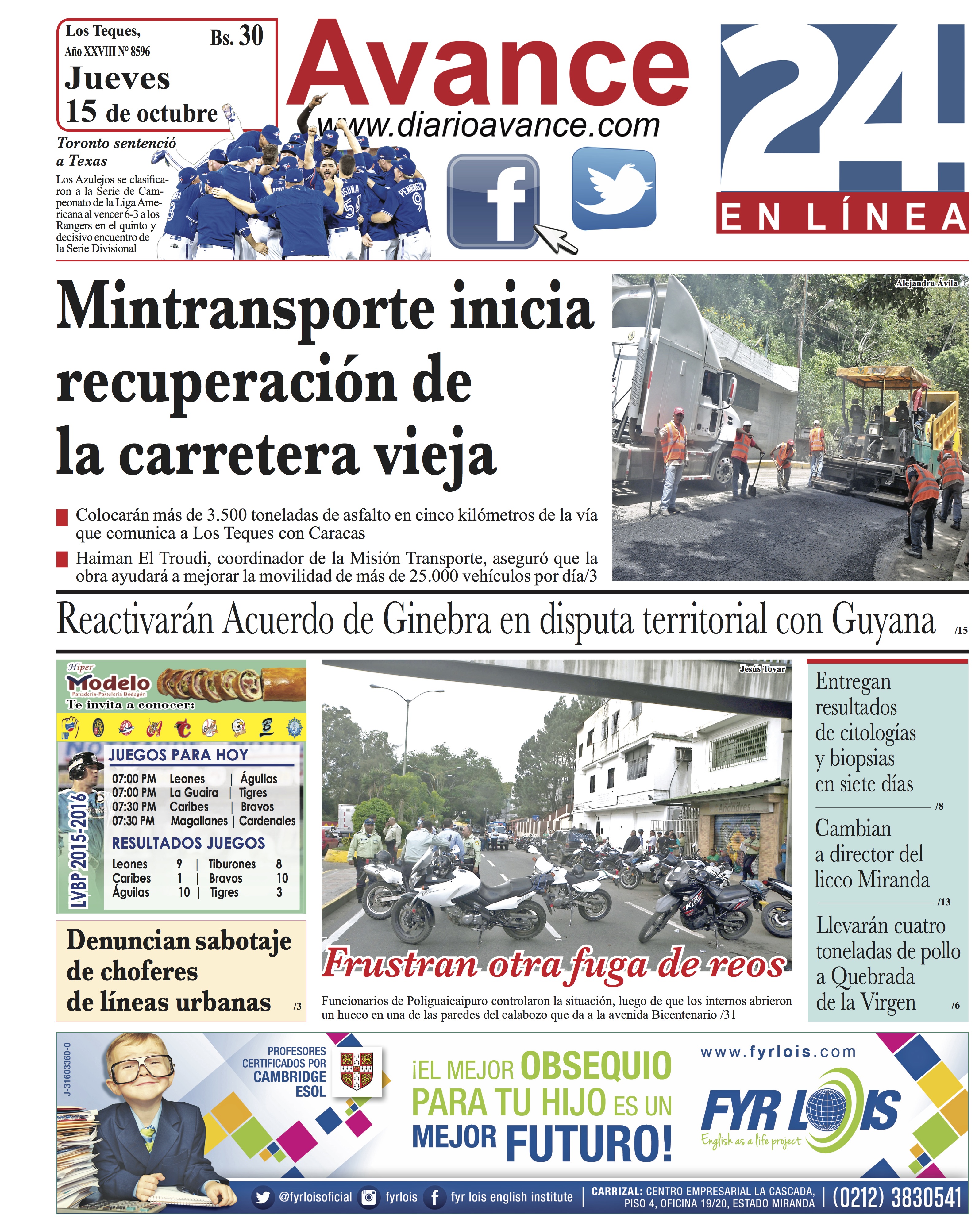 Portada jueves 15 de octubre de 2015