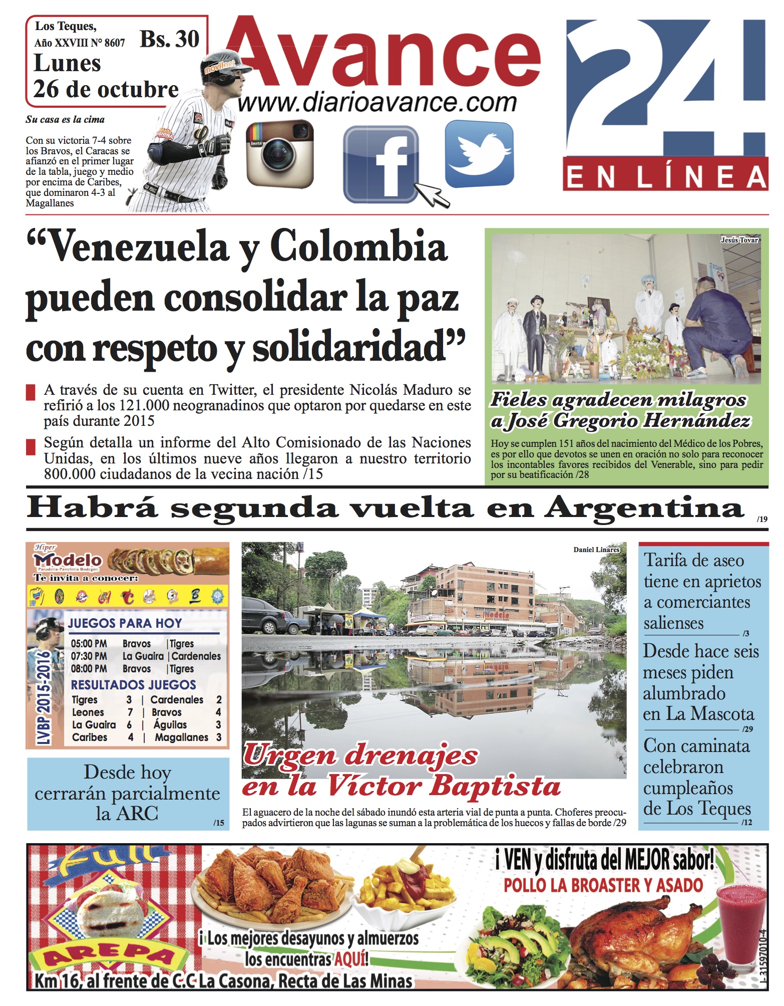 Portada lunes 26 de octubre de 2015