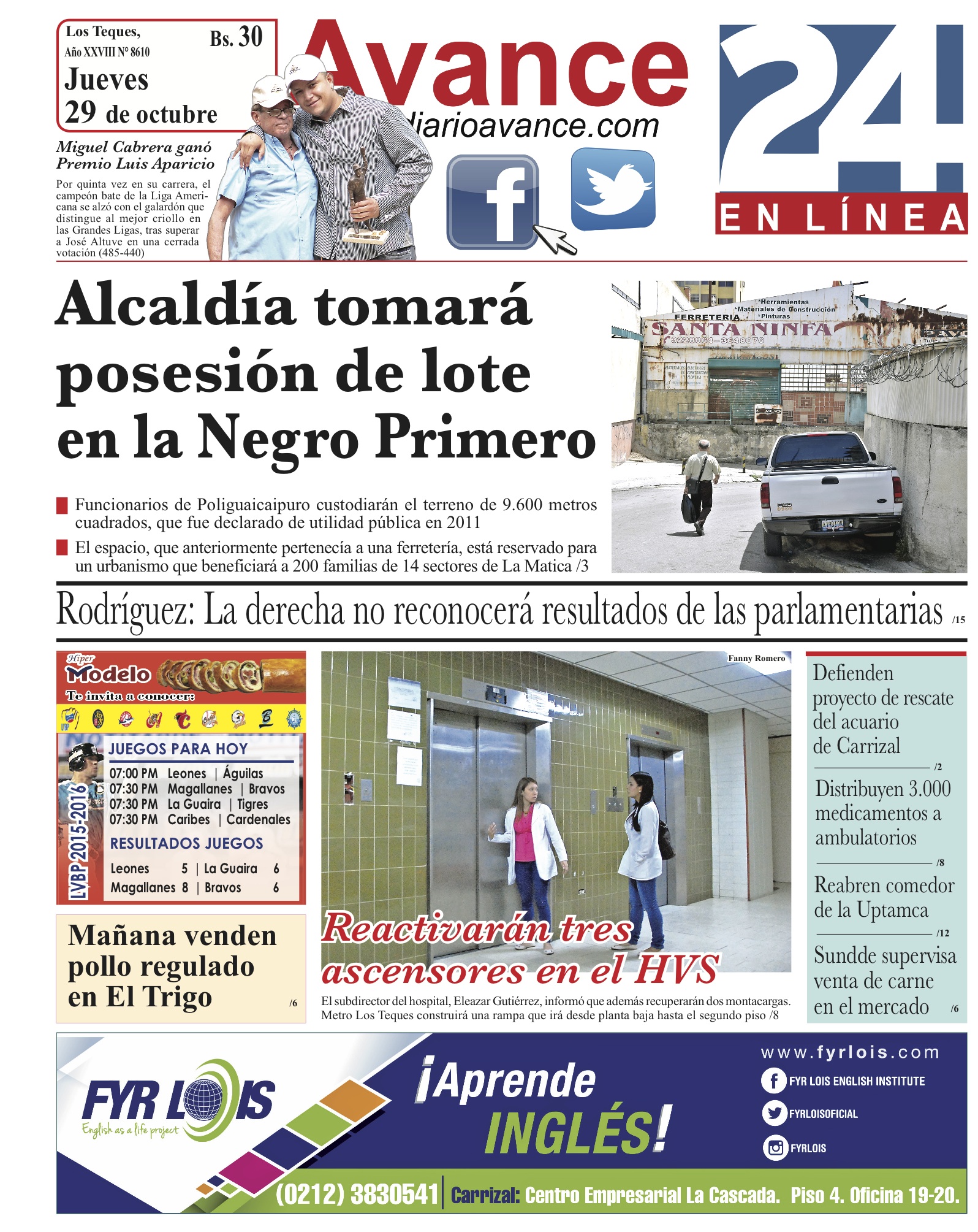 Portada jueves 29 de octubre de 2015