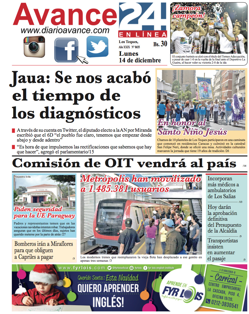 Portada lunes 14 de diciembre de 2015