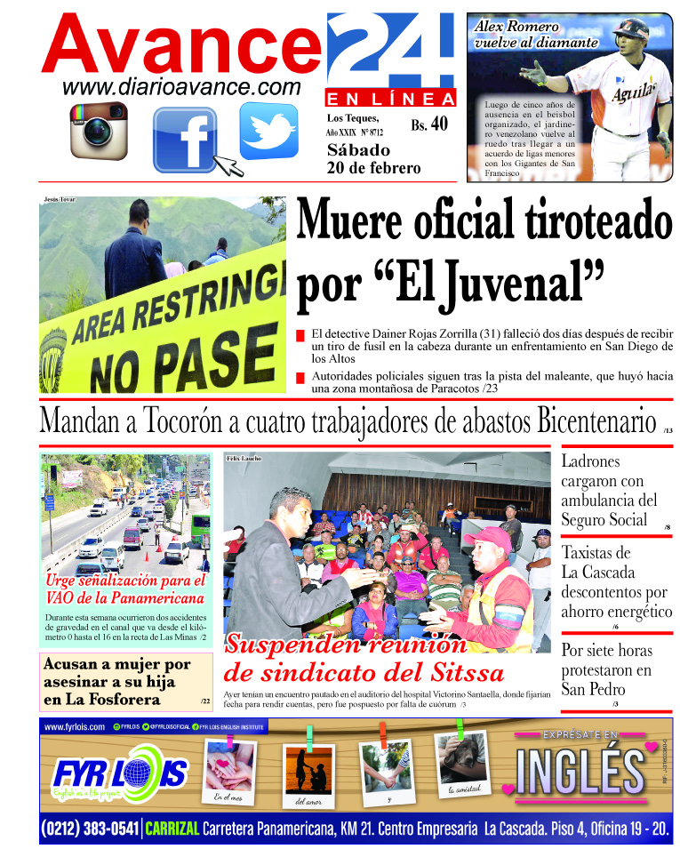 Portada sábado 20 de febrero de 2016