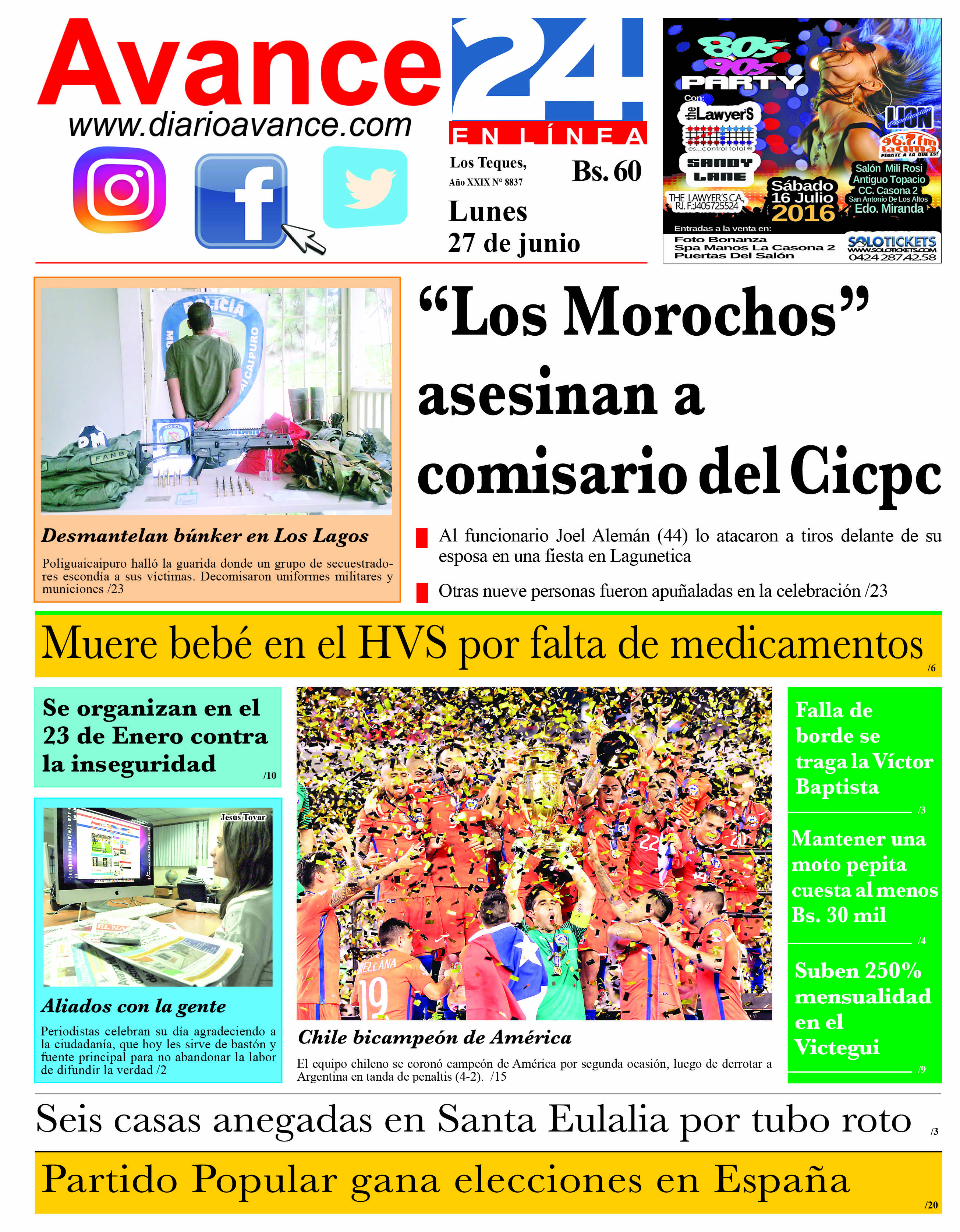 Portada lunes 27 de junio de 2016