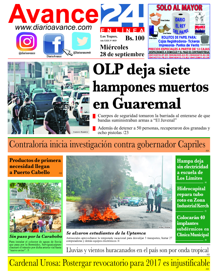 Portada miércoles 28 de septiembre de 2016