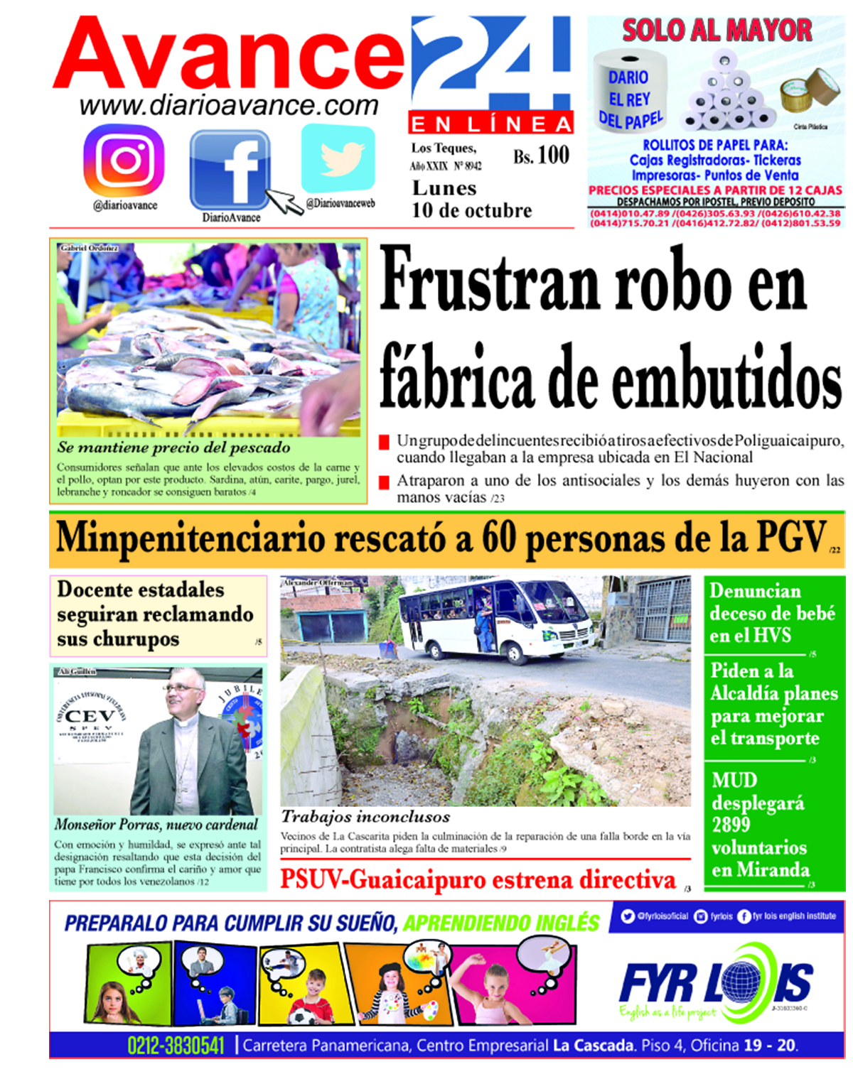 Primera de este lunes 10 de octubre 2016