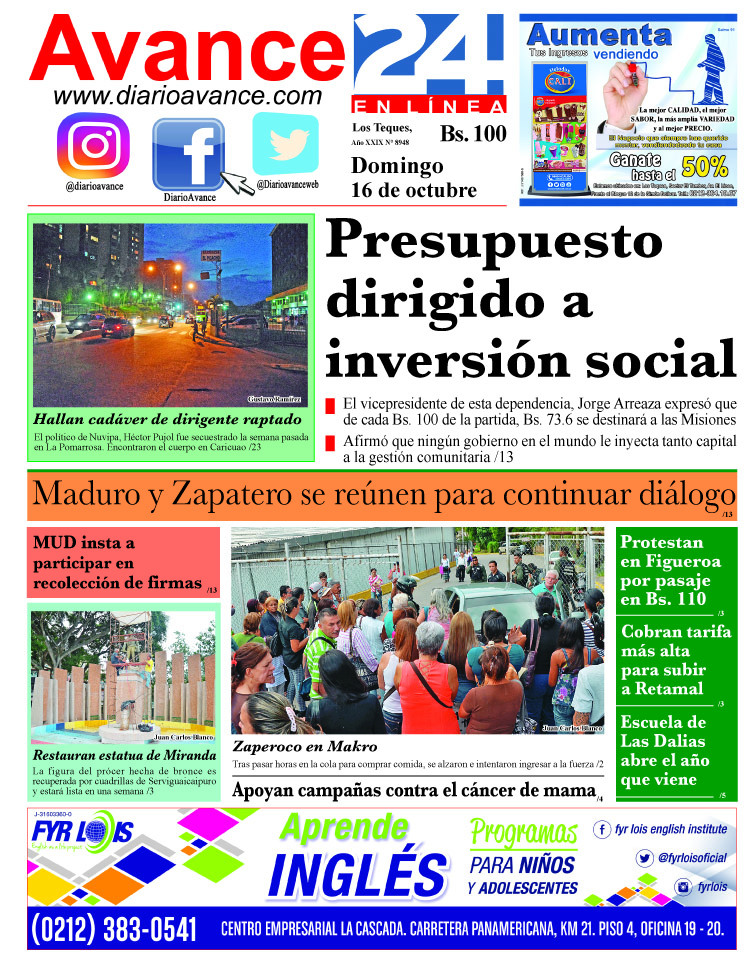 Portada domingo 15 de octubre de 2016