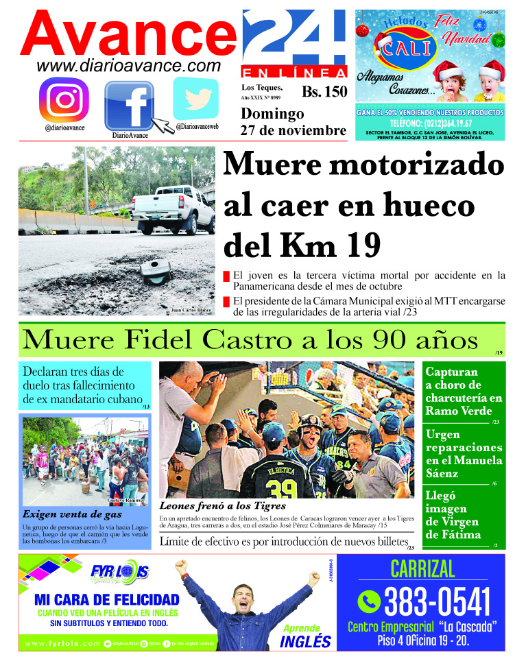 Portada domingo 27 de noviembre de 2016