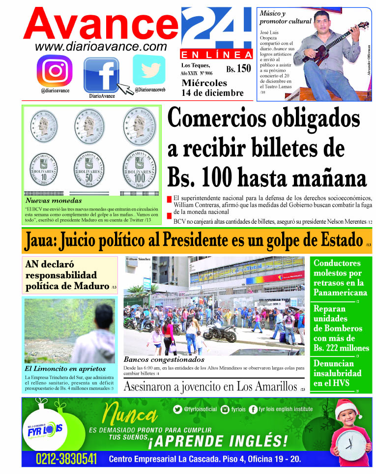 Portada miércoles 14 de diciembre de 2016