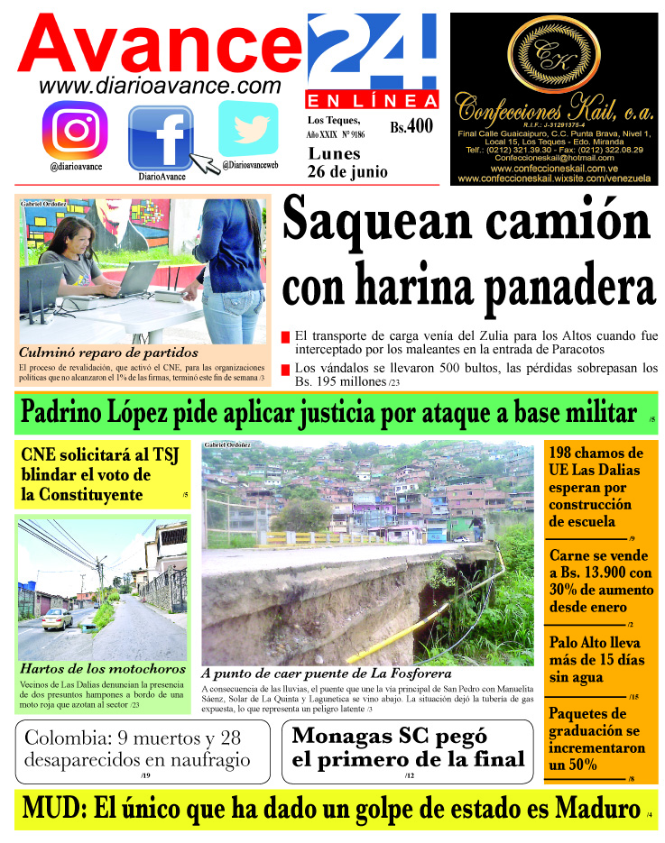 Portada lunes 26 de Junio de 2017