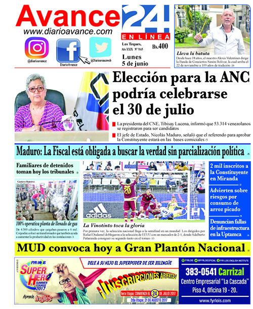 Portada lunes  05 de Junio de 2017