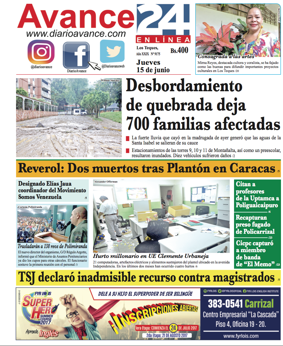 Portada jueves 15 de Junio de 2017