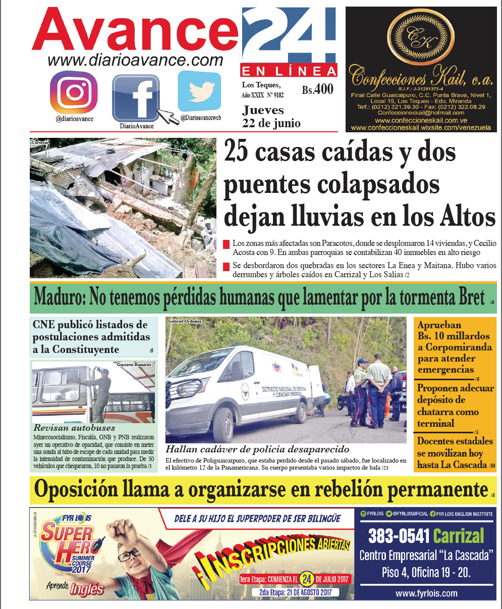 Portada jueves 22 de Junio de 2017