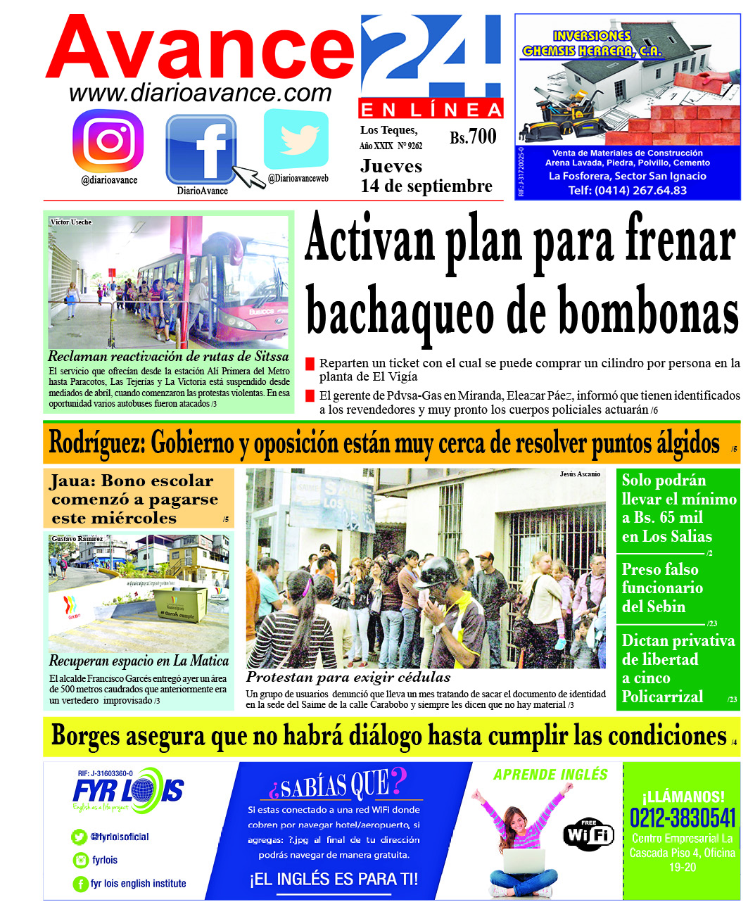 Portada jueves 14 de Septiembre de 2017