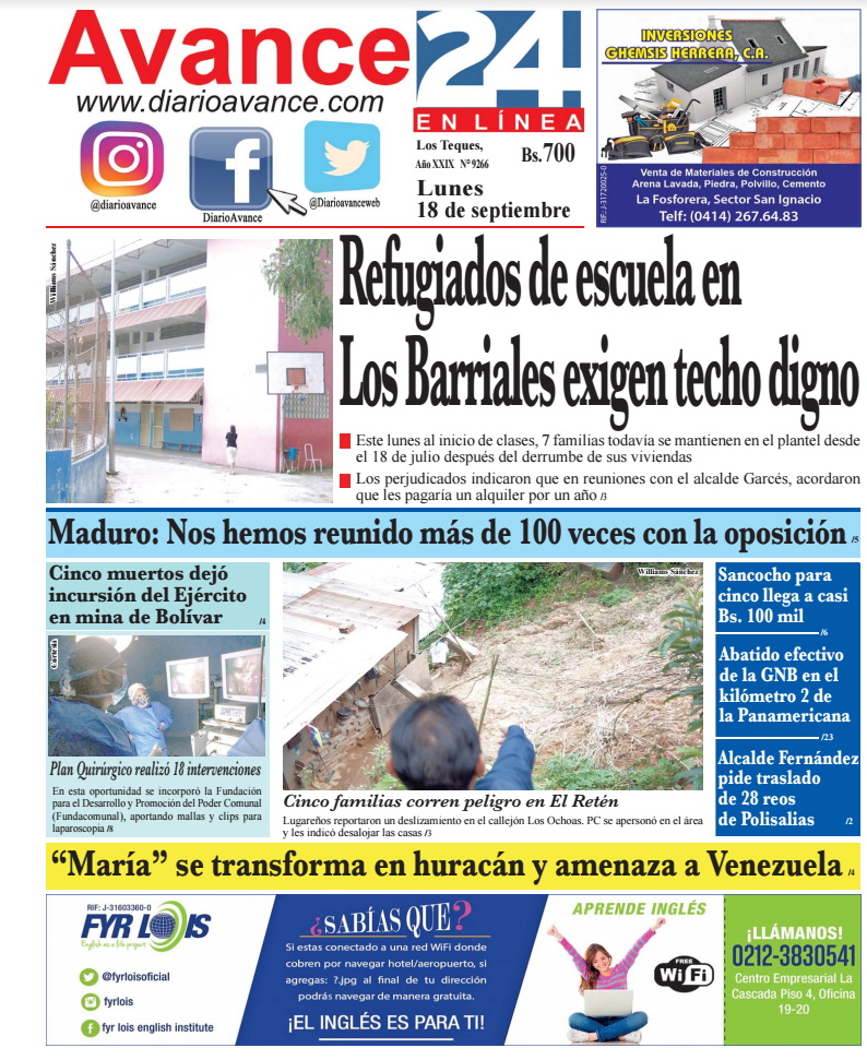 Portada, lunes 18 de septiembre de 2017