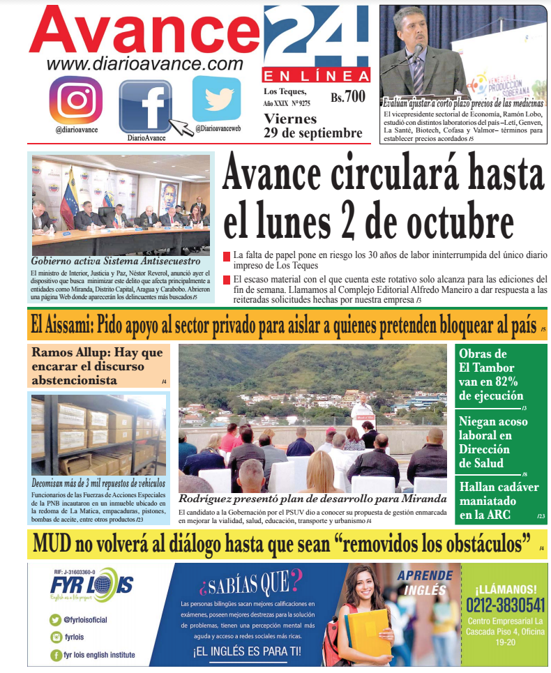 Portada viernes 29 de septiembre de 2017