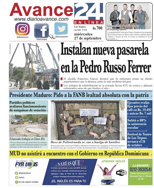 Portada, miércoles 27 de septiembre de 2017