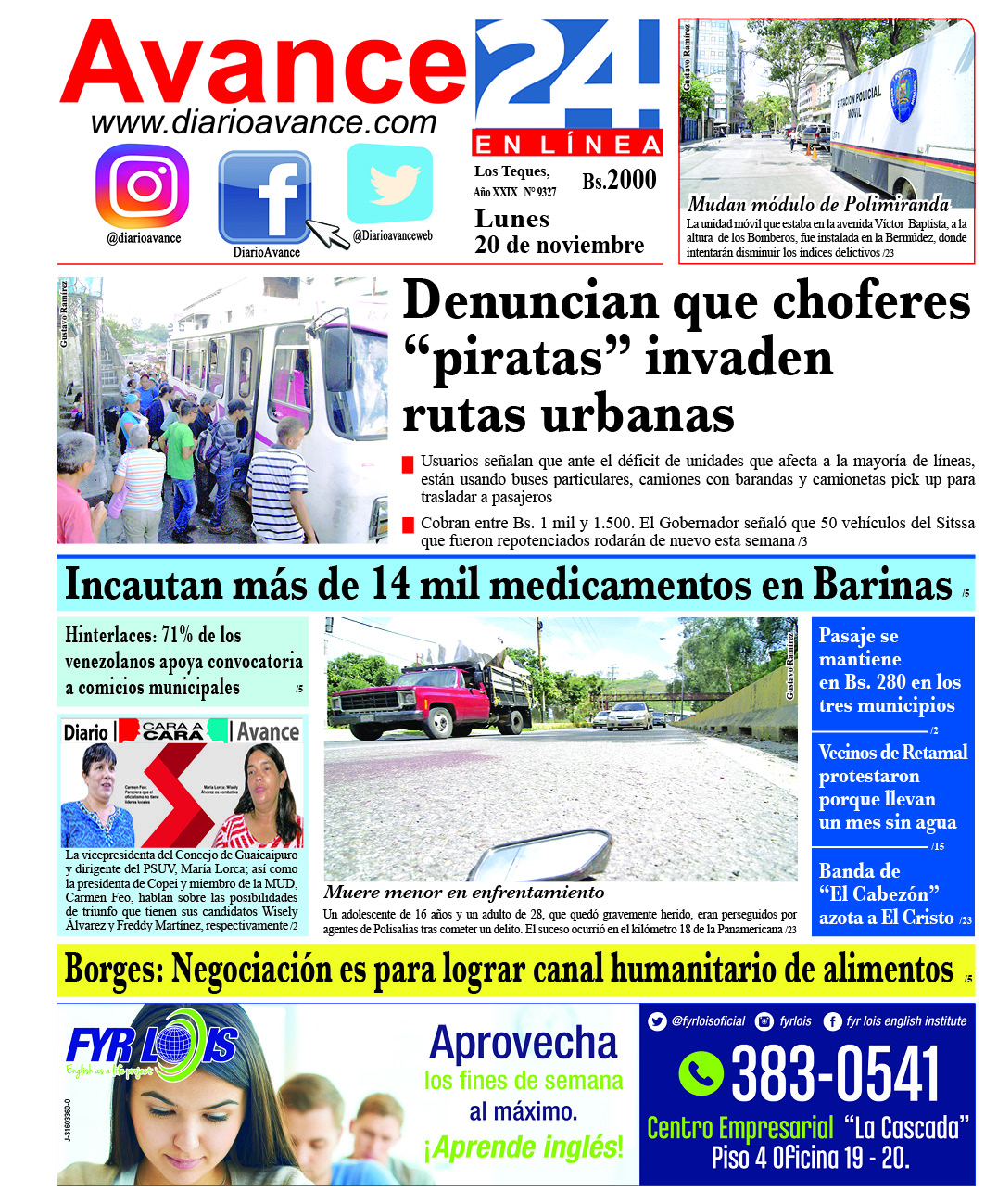 Portada lunes 20 de noviembre de 2017