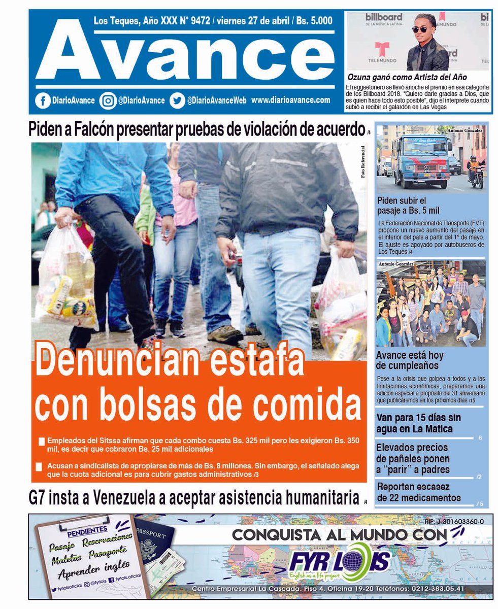 Portada viernes 27 de abril de 2018