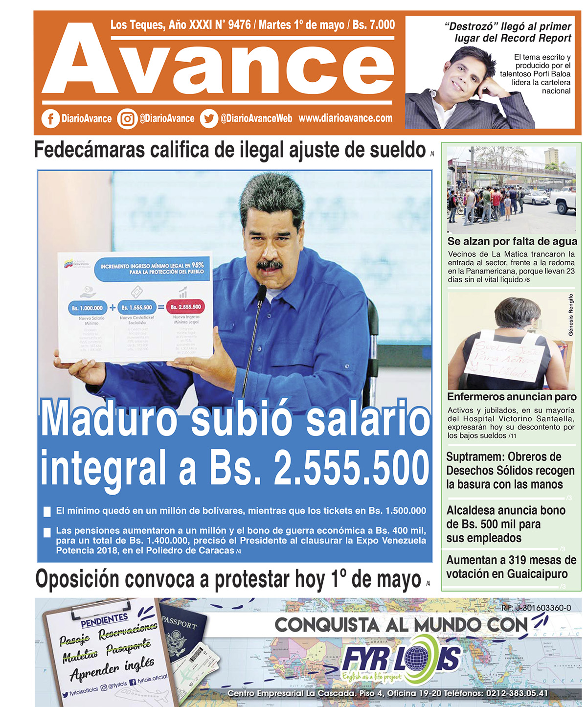 Portada martes 1 de mayo de 2018