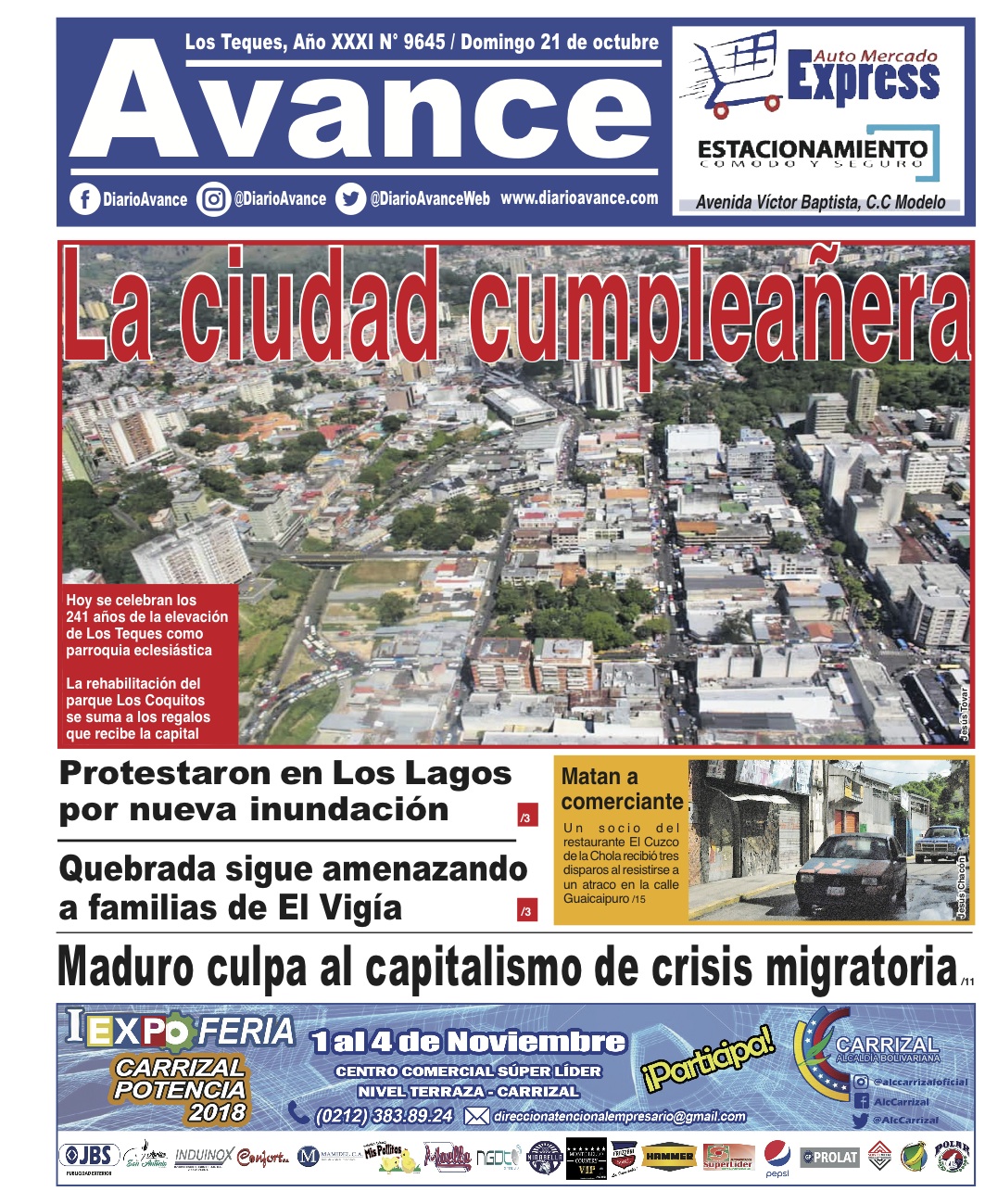 Portada domingo 21 de octubre de 2018