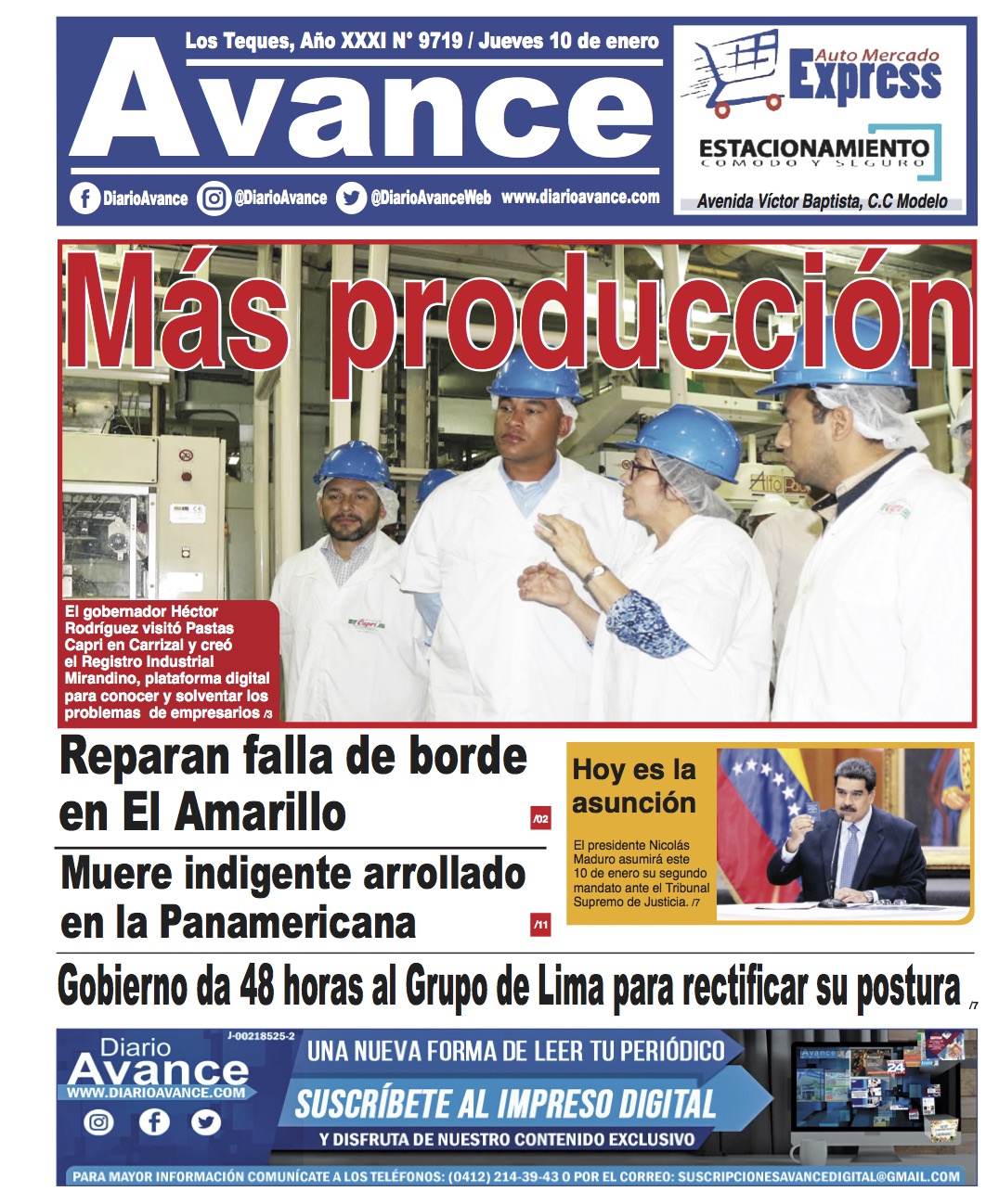 Portada, Jueves 10 de enero de 2019