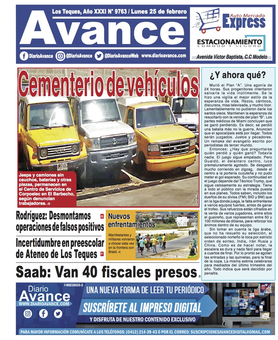 Portada, lunes 25 de febrero de 2019