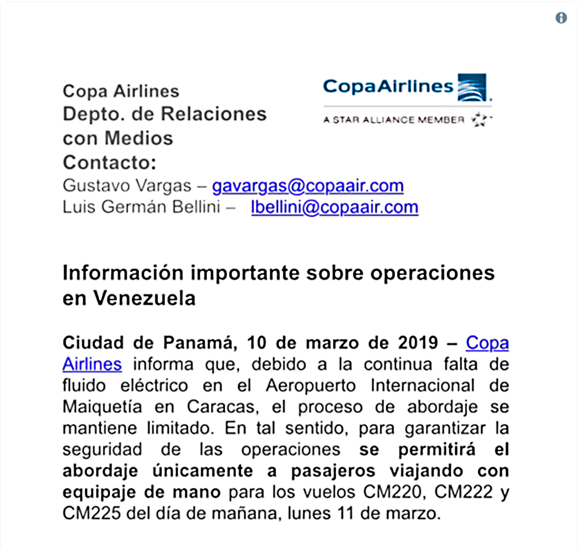 Copa Airlines solamente permitirá abordaje con equipaje de mano
