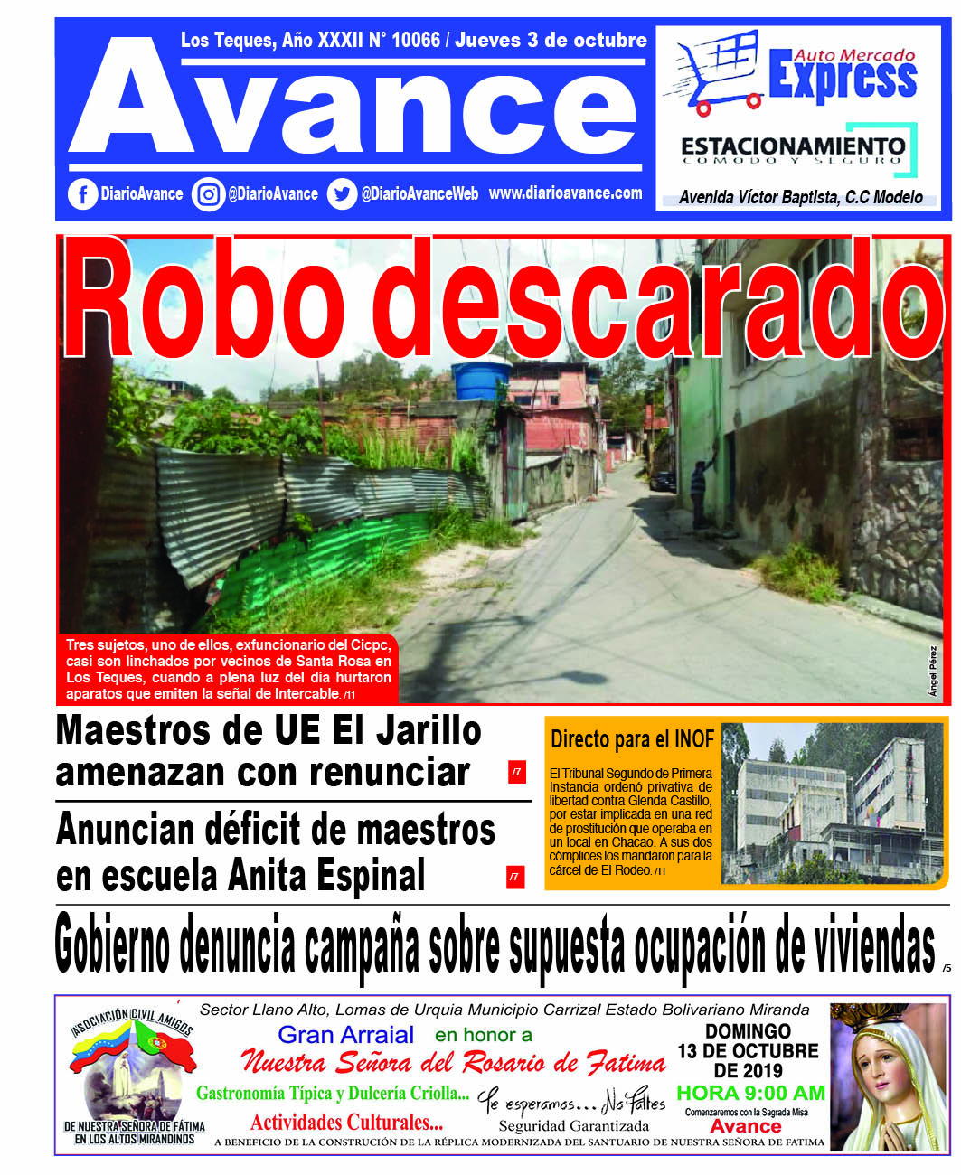 Portada, Jueves 03 de Octubre de 2019