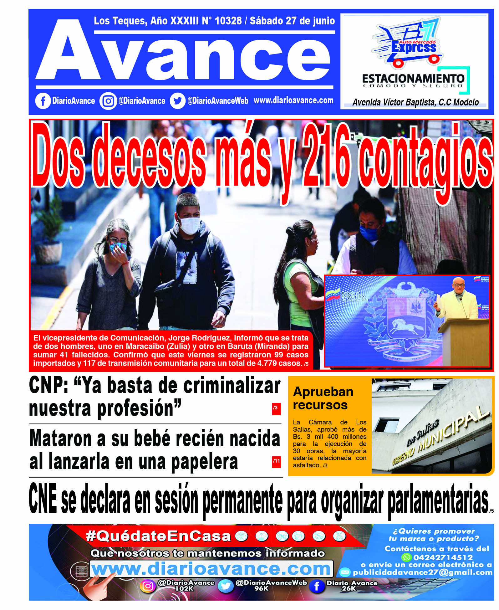 Portada, sábado 27 de Junio de 2020