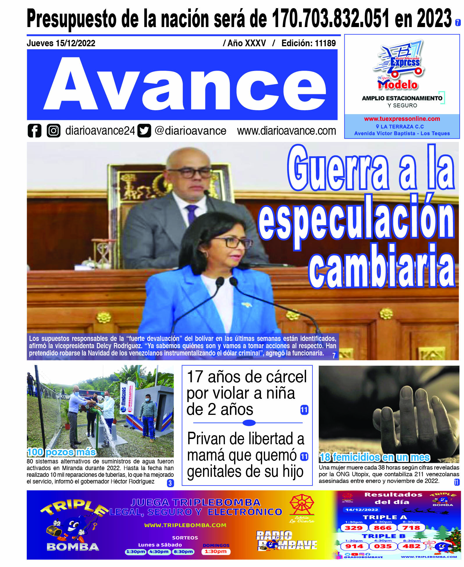 Portada, jueves 15 de diciembre de 2022