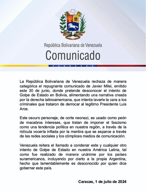 Venezuela rechaza comunicado de Milei sobre intento de Golpe de Estado en Bolivia 