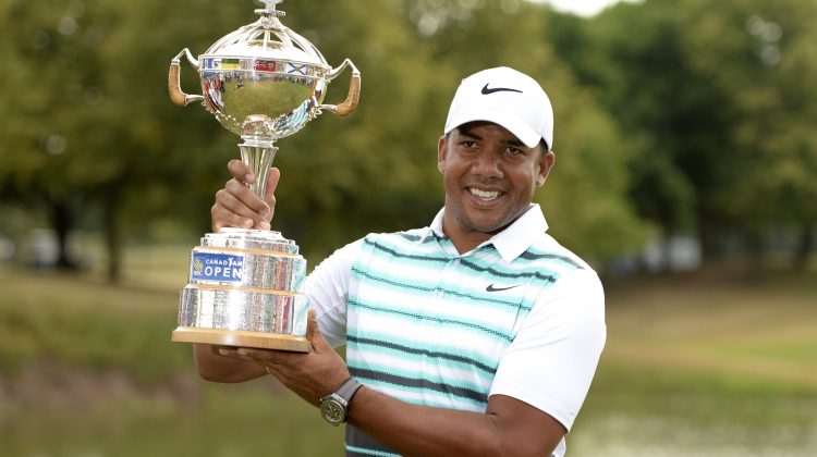 Jul 24, 2016; Oakville, Ontario, CAN; Jhonattan Vegas (VEN) with the champions trophy after winning the RBC Canadian Open golf tournament at Glen Abbey Golf Club. Mandatory Credit: Eric Bolte-USA TODAY Sports