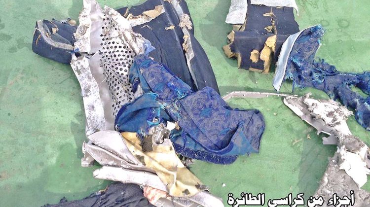 This picture posted Saturday, May 21, 2016, on the official Facebook page of the Egyptian Armed Forces spokesman shows part of a plane chair from EgyptAir flight 804. Search crews found floating human remains, luggage and seats from the doomed EgyptAir jetliner Friday but face a potentially more complex task in locating bigger pieces of wreckage and the black boxes vital to determining why the plane plunged into the Mediterranean. Arabic reads: ø Part of plane chairø.  (Egyptian Armed Forces via AP) Mideast Egypt Plane