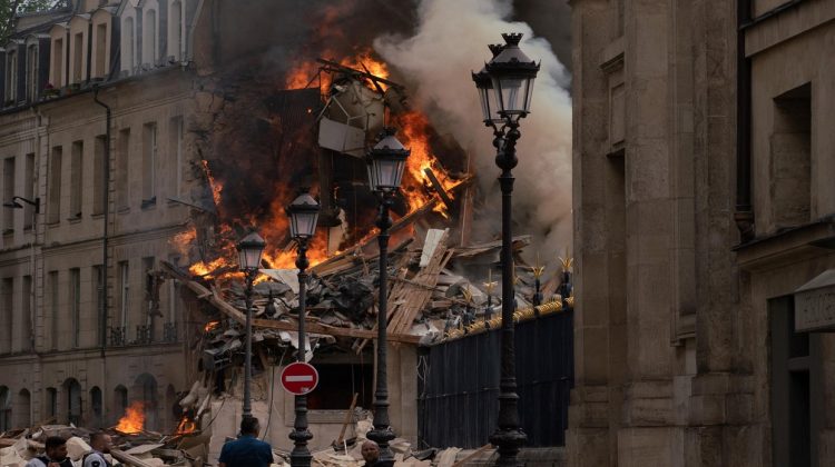 Smoke billows from rubbles of a building at Place Alphonse-Laveran in the 5th arrondissement of Paris, on June 21, 2023. - A major fire of unknown origin broke out on June 21, 2023 in a building in central Paris, part of which collapsed, injuring at least one person, according to sources and AFP images. (Photo by ABDULMONAM EASSA / AFP)