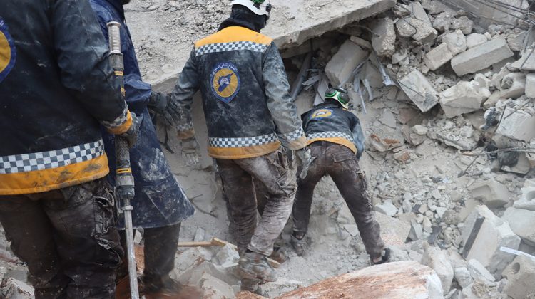 Rescuers search for survivors under the rubble, following an earthquake, in Al Atarib, Syria February 6, 2023 in this picture obtained from social media. White Helmets/via REUTERS  THIS IMAGE HAS BEEN SUPPLIED BY A THIRD PARTY. MANDATORY CREDIT. NO RESALES. NO ARCHIVES.