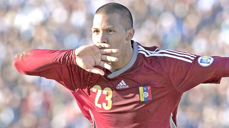 Venezuela's Rondon celebrates after scoring against Urugauy during their World Cup qualifying soccer match in Montevideo