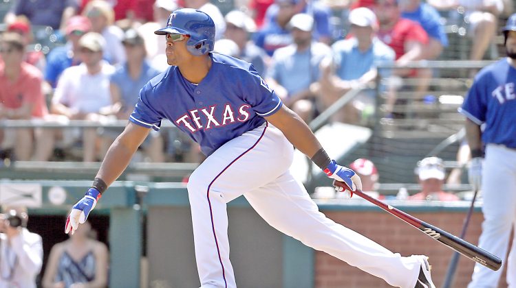 Texas Rangers' Adrian Beltre follows through on a single to center that scored Ian Desmond in the sixth inning of a baseball game against the Chicago White Sox on Wednesday, May 11, 2016, in Arlington, Texas. (AP Photo/Tony Gutierrez)