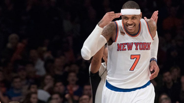 New York Knicks forward Carmelo Anthony reacts after scoring a 3-point goal during the second half of an NBA basketball game against the Atlanta Hawks, Sunday, Nov. 20, 2016, at Madison Square Garden in New York. The Knicks won 104-94. (AP Photo/Mary Altaffer) APTOPIX Hawks Knicks Basketball