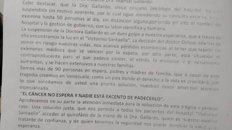 Carta entregada a la secretaria de salud, Marelia Guillen