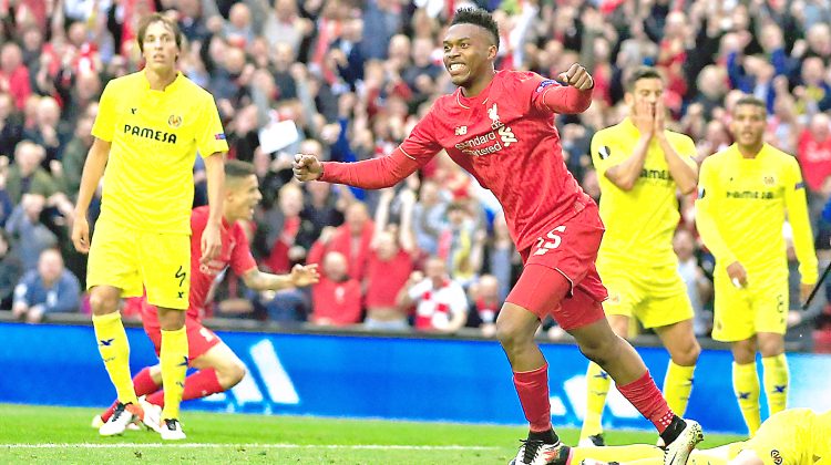 Liverpoolís Daniel Sturridge celebrates the opening goal during the Europa League semifinal, second leg, soccer match between Liverpool and  Villarreal at Anfield Stadium, Liverpool, England, Thursday May 5, 2016. (AP Photo/Jon Super)