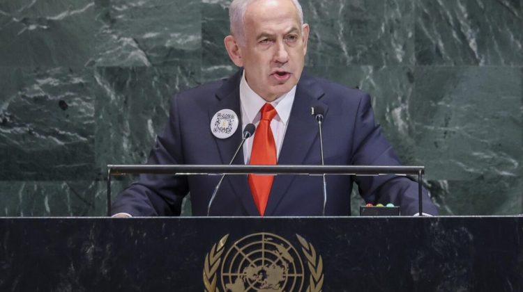 El primer ministro israelí, Benjamín Netanyahu, ante la Asmablea General de la ONU. EFE/EPA/SARAH YENESEL