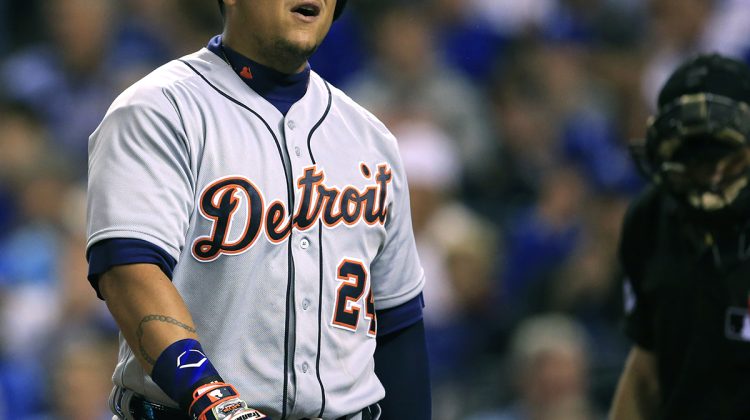 Detroit Tigers' Miguel Cabrera reacts to striking out during the seventh inning of a baseball game against the Kansas City Royals at Kauffman Stadium in Kansas City, Mo., Tuesday, April 19, 2016. (AP Photo/Orlin Wagner)