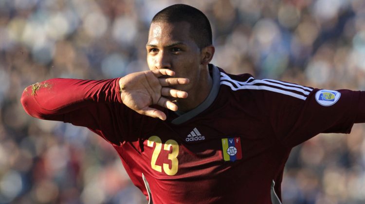 Venezuela's Rondon celebrates after scoring against Urugauy during their World Cup qualifying soccer match in Montevideo