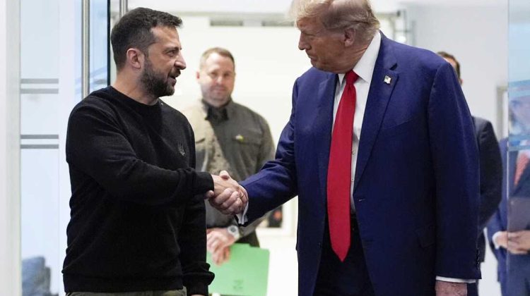 FILE - Republican presidential nominee former President Donald Trump, right, and Ukraine's President Volodymyr Zelenskyy shake hands during their meeting at Trump Tower, Sept. 27, 2024, in New York. (AP Photo/Julia Demaree Nikhinson, File)