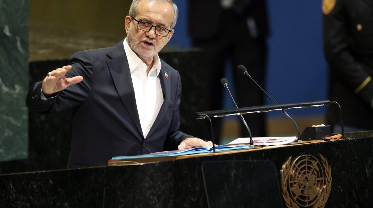 Iran's President Masoud Pezeshkian speaks during the General Debate of the United Nations General Assembly at the UN headquarters in New York City on September 24, 2025. (Photo by ANGELA WEISS / AFP)