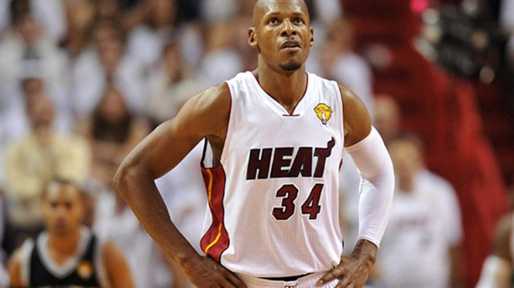 Jun 10, 2014; Miami, FL, USA; Miami Heat guard Ray Allen (34) reacts during the fourth quarter of game three of the 2014 NBA Finals against the San Antonio Spurs at American Airlines Arena. Mandatory Credit: Steve Mitchell-USA TODAY Sports