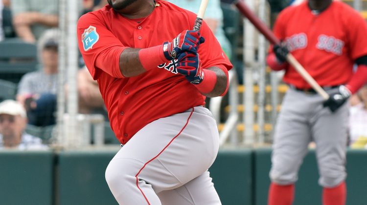 Mar 29, 2016; Fort Myers, FL, USA; Boston Red Sox third baseman Pablo Sandoval (48) connects for a base hit during the second inning against the Minnesota Twins at CenturyLink Sports Complex. Mandatory Credit: Steve Mitchell-USA TODAY Sports